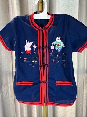 Vintage Navy Red Asian Chinese Tunic Top Shirt Kids SZ 10 Embroidery Tourist 70s